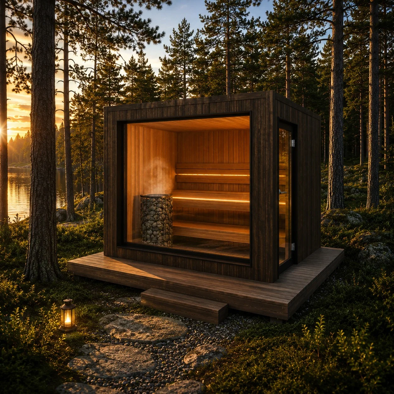 Kubbastu från Cabino i skogen i skymningen