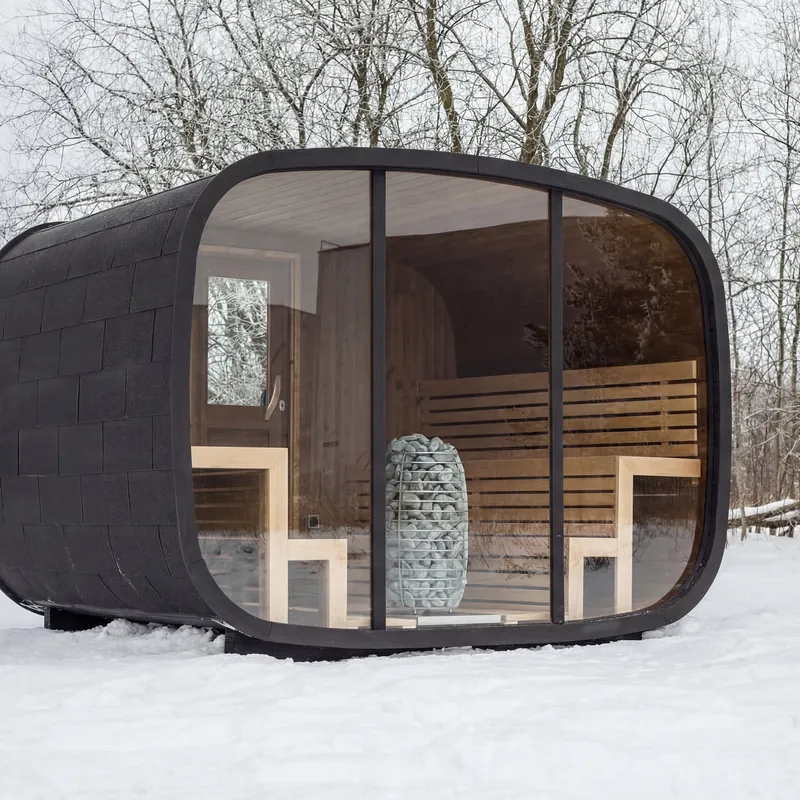 Clara framifrån, med den välvda panoramaglasen och den svarta kroppen i snön